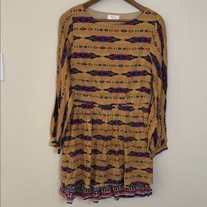 Freeway Mustard Yellow Aztec Print Mini Dress with Blue and Pink Accents